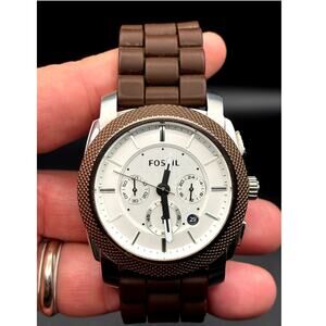 Fossil Machine FS4596 Men’s Chronograph white Dial Brown Silicone Strap Watch